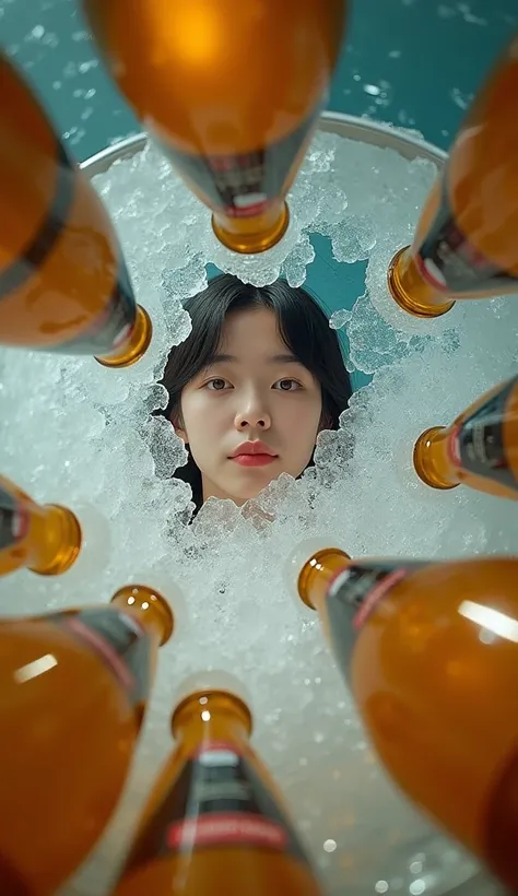 Prompt:A POV shot looking straight up, as if from a beer bottles perspective in an ice bucket. soft drink bottles foreground, leading up to a Japanese woman looking down and reaching for one of the bottles. Her face and reaching hand create natural depth p...