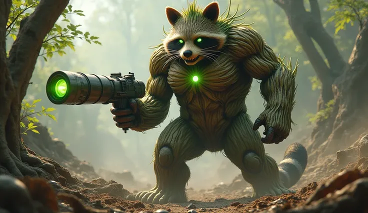 A hyper-realistic, cinematic fusion of Groot and Rocket Raccoon, creating a hulking, terrifying hybrid of raw, organic strength and cunning mechanical ingenuity. The hybrid’s massive, muscular body combines Groot’s towering, bark-covered form with Rocket’s...