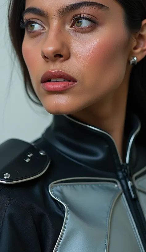 A close up of a woman in a futuristic suit with a collar