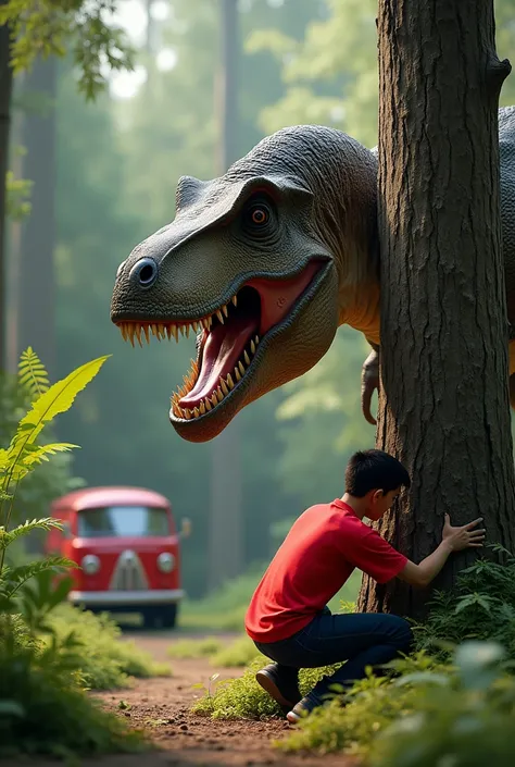 In a prehistoric land a delivery guy in a red t-shirt, hides from a t-rex behind a tree. A red renault van in the background.