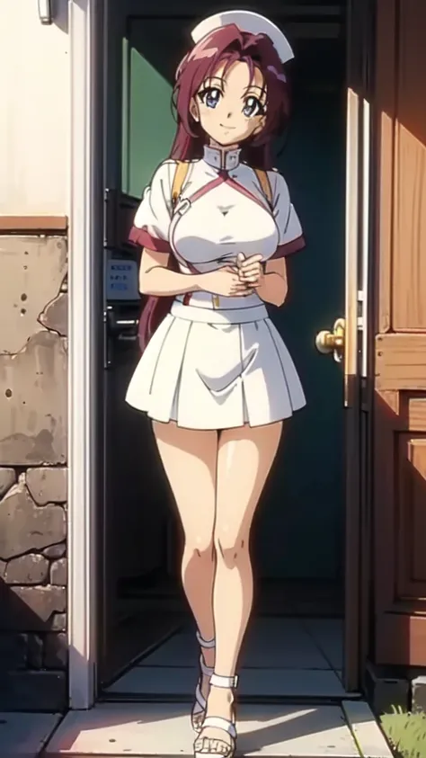 1girl, sold, Nurse Costume:1.4), (Micro Mini Skirt:1.4), High Definition, 4k, Full Length, Standing, Hospital, (Both Feet Together:1.5), Hospital, (White Short Uniform:1.5), (White Sandals:1.4), Smiling, Barefoot, arms at sides, (anime:1.4)