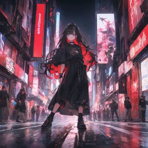  top quality, work, Black Hair， long hair,  red inner color， purple eyes，cool fashion，Futuristic Background， choker ，Black clothes，A figure running through a city，Cyber Decoration， poster/magazine illustration effect, Crouching pose in the middle of the ro...