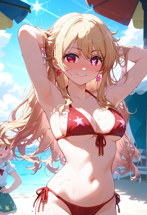 masterpiece, (((highest quality, perfect anatomy,))) at summer beach, ((cowboy shot, from bellow)), dazzling sunlight , 1girl, hoshinoruby, star-shaped pupils, ruby_hoshino, , blonde hair, bangs, 1girl, pink eyes, long hair, sidetail hair,  medium breast, ...