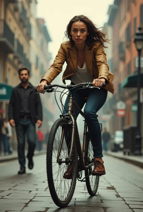 A woman rides away on a mans bike, while another man watches.