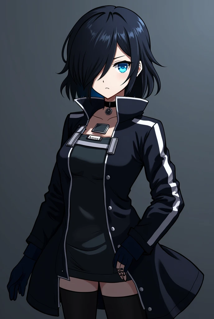 black rock shooter, black hair, short hair, hair cover between eye, black with white stripe long jacket, bottom jacket open, black glove, ammar name plate, blazing blue eye, 