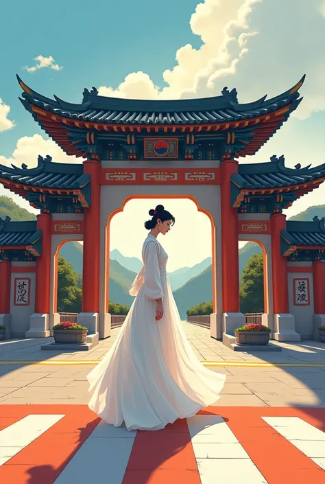 Create a character wearing a white hanbok standing at the webtoon-style Independence Gate Intersection of Baek Beom Kim Gu