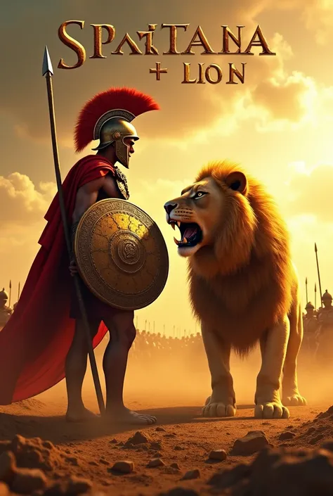 An intense digital artwork showing a Spartan warrior in a bronze helmet with a red crest, holding a spear and a round shield emblazoned with a lambda symbol. Across from him stands a golden lion with a thick mane, its teeth bared and claws ready to strike....