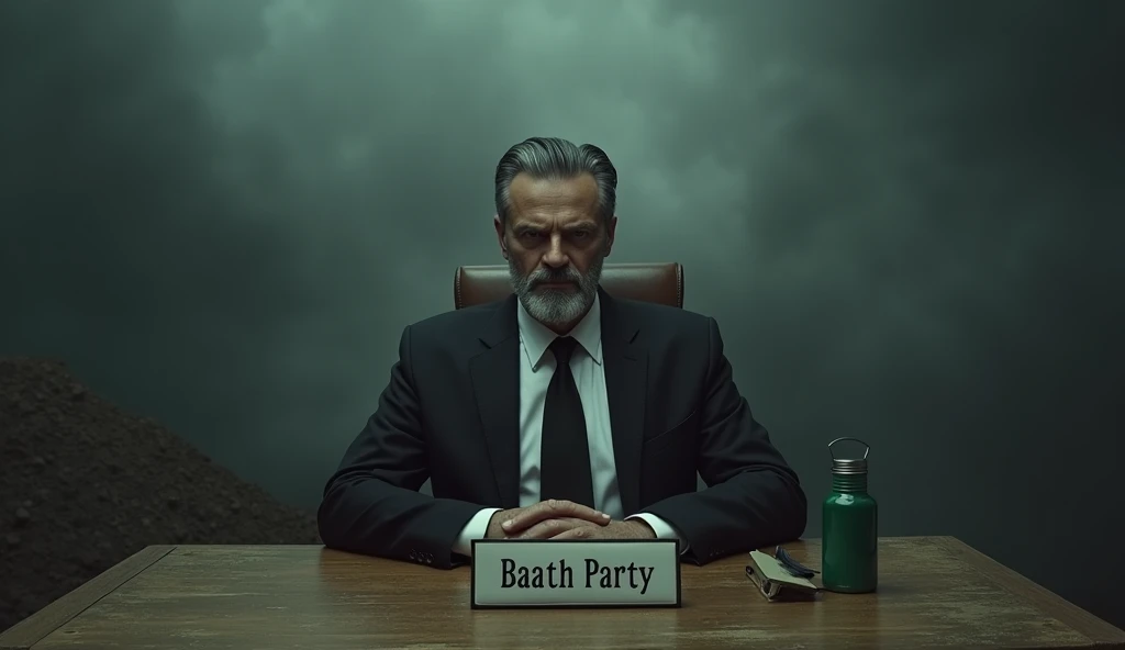 1. Setting:

The scene takes place in the office,

The weather is cloudy and overcast, with dark clouds in the background creating a gloomy atmosphere.

2. Main Subject:

A middle-aged man with a gray beard and slicked-back gray hair is sitting at a wooden...