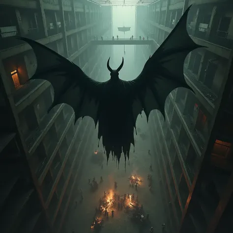  I could see a third person  ( so from the outside ), Then I saw a black figure  (Satan)  that went around and flew continuously around a building with many rooms , where people fought and killed each other because of him.