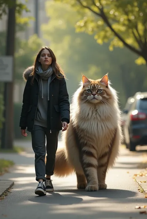 A  dressed casually in a black jacket walks alongside a giant angora cat and walks along