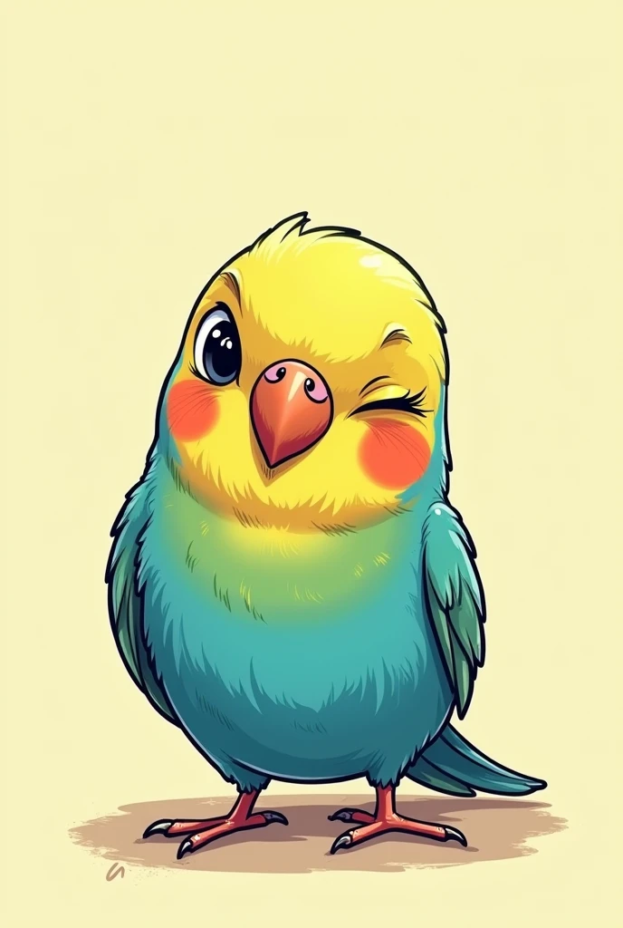  A budgie as a comic blue green with a yellow head, Who winks at you  