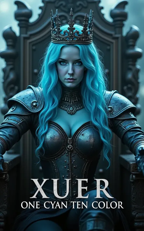  close-up cinema photo ,  a text title movie poster  " XUER one cyan ten color ",  An extremely beautiful girl ,  is wearing medieval armor , Krone,  sitting on an iron throne , ,  very detailed ,  parody movie poster ,  a digital movie poster illustration...