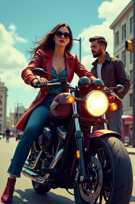 A woman sitting on the back of a mans bike, while another man watches.