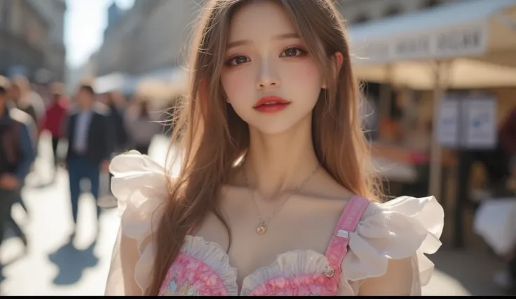 (masterpiece,  best image quality , 8k),  real photo ,Idol appearance, adult,  perfection of fashion,  Korean Makeup, Lip Tint, Upper body, frontal,  faint smile,Outdoor, Exquisitely Painted , Realistic,  ultra high definition, smooth skin,  The highly det...