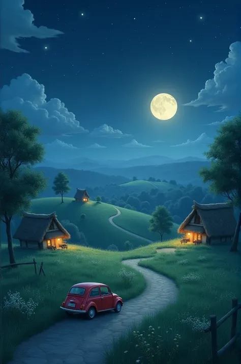 Beautiful moonlit night with starlight ， there is a small car ， on a winding path {x} on a rolling meadow， in the distance, and a couple of brightly lit thatched cottages ，There are a few small trees 。