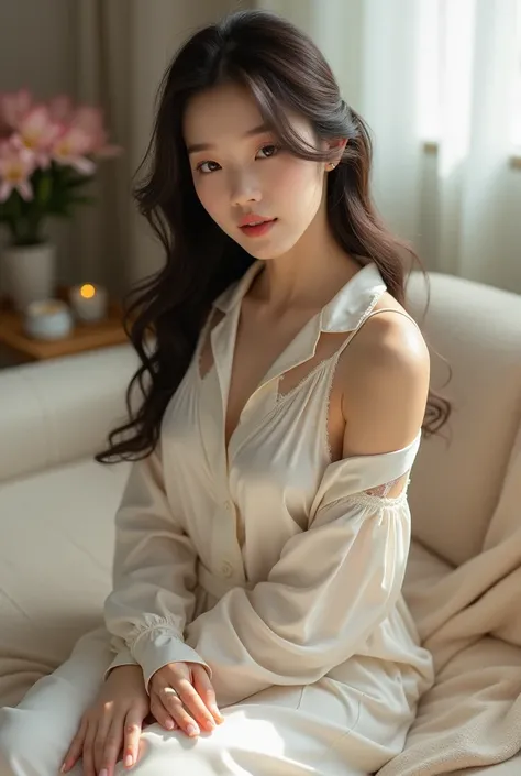  receiving female objects with a face and physique that closely resembles Rose Blackpink , wear a discreet lady style silk pyjama white pajamas, posing innocently on the sofa 