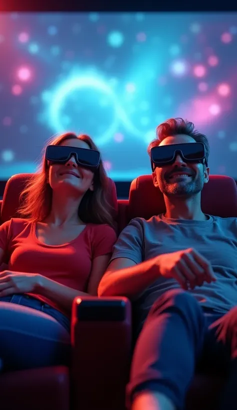 The couple is sitting in a cinema hall, with large 3D glasses on. The wife looks excited, while the husband appears more relaxed, leaning back in his seat. The cinema screen in front shows a bright movie scene, with the light from the screen reflecting off...