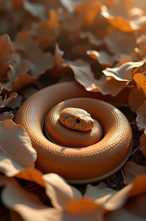 A tan and brown snake with bold, circular patterns resting in dry leaves, blending perfectly into its surroundings. whimsical 3D Pixar style