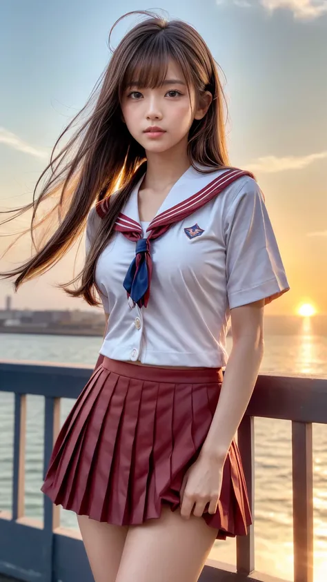 masterpiece,  high definition , Beautiful detailed portrait of an attractive good-looking woman in a Japanese schoolgirl uniform,( Japanese High School Girl Uniform Sailor Suit :1.3), Dimly Illuminated Rooftop  ,( school rooftop during lunch break),( Brigh...