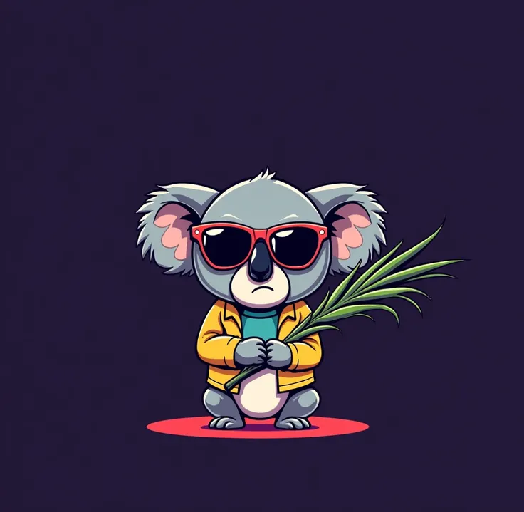 A stylized cartoon koala, centrally positioned, wearing oversized sunglasses and a bright yellow jacket over a teal-colored shirt.  The koalas expression is serious, almost grumpy, with a slightly stern gaze.  Its fur is a light gray, and its large ears ar...