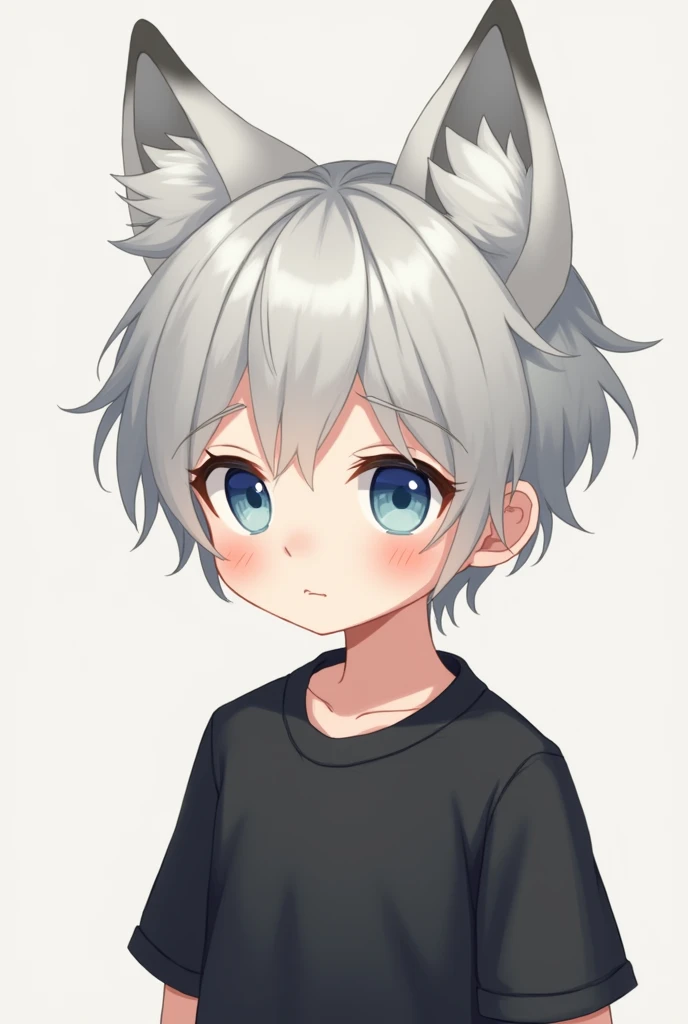 short boy with bluish eyes, short gray hair, cute pose, cute face, little wolf ears, black clothes, big eyes