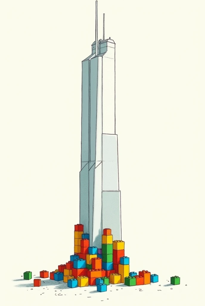 Simple line sketch illustration of a tall building with and toy blocks merged together 