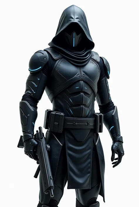  create futuristic hooded ninja armor for me, Male Version,  with the predominant color black , no cover, With a laser gun ,  white background 