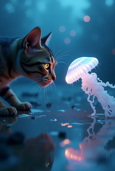 "A hyper-realistic depiction of a sleek, curious cat and a glowing, ethereal jellyfish placed face-to-face, both locked in an intense stare. The cat’s fur bristles as it crouches in a defensive yet intrigued posture, while the jellyfish pulses with a lumin...