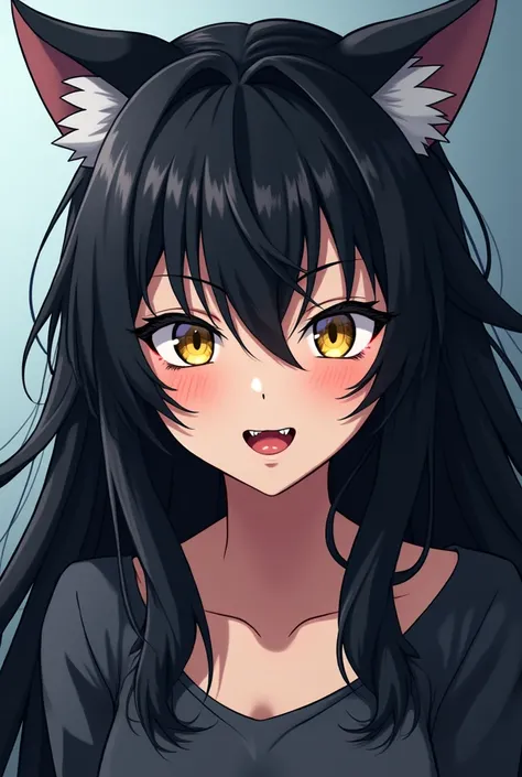 Anime style, woman with wolf ear, yellow wolf eyes, have small wolf fangs, long thick black hair, facing forward, head tilted to the side, wink, tongue sticking out, small canine teeth visible,