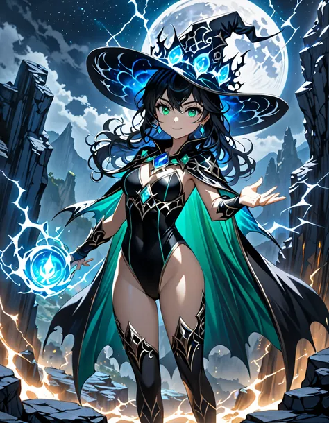 (masterpiece), (best quality), (high res), 1girl, jet black hair, long hair, green eyes, beautiful detailed eyes, beautiful detailed face, cute face, perfect hands, complete fingers, perfect anatomy, perfect proportions, ((hat, sorcerers hat)), (diamond ea...