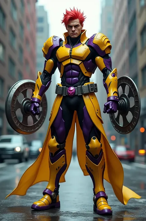 A powerful villain humanoid being, wearing a cool powerful yellow purple armoured costume of mix color, two big circular sharp spinning blades on his forearms of his hands,  red hair, detailed picture, high resolution image, looking straight, serious face,...