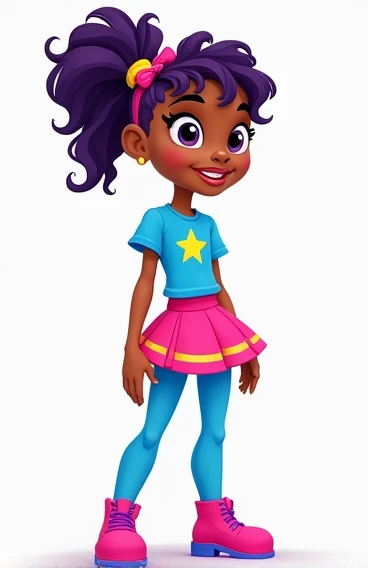 Nickelodeon Ollies pack, Cleo Badette, 2d Cartoon art, young tomboyish teen girl with darkish skin. She has frizzy purple hair (with shaved sides) tied in a ponytail using a yellow hair elastic with pink Headbow. She has a blue shirt rens host Entertainer ...