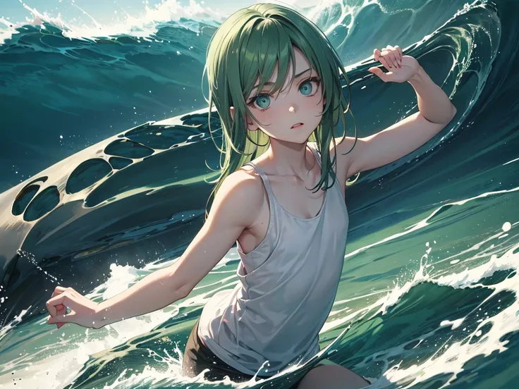 Thin boy, white tank top shirt, green messy long hair, shinging green ocean eyes, feminine face, small lips, big eyes, Shota, masterpiece, 8k, photorealistic, chiaroscuro lighting, dramatic shadows, cinematic composition, middle of the ocaean back ground, ...