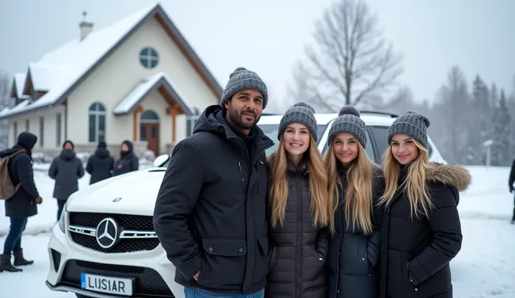 Tall handsome light skinned black man wearing a gray snow warm cap and black mid length winter jacket coming out of ACF Church, Eagle River, Alvarez, Alaska with 2 equally chubby very tall beautiful blonde Mexican ladies and a far Italian beautiful brunett...