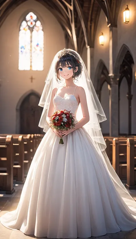 best quality,２D,1 girl,22yo,slender,fair skin,medium hair,black color hair, blue eye, watery eyes, smile, happy, red cheek, small breast, A line wedding dress, wedding veil, standing, wide shot, full body, looking side, chapel, blurry background, cinematic...