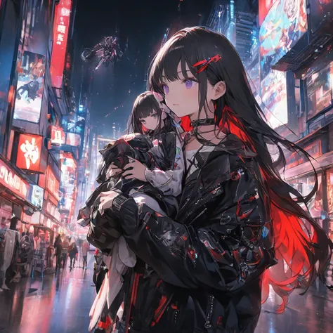  top quality, work, Black Hair， long hair,  red inner color， purple eyes，cool fashion，Futuristic Background， choker ，Black clothes，A figure running through a city，Cyber Decoration， poster/magazine illustration effect, The image of carrying out a mission