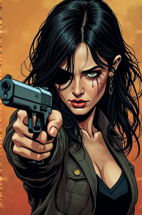 Comic style a woman pointing a gun at 3/4 view covering one eye along the perspective,holding a pistol, tears from the other eye a bit of dirt on face ARCANE theme