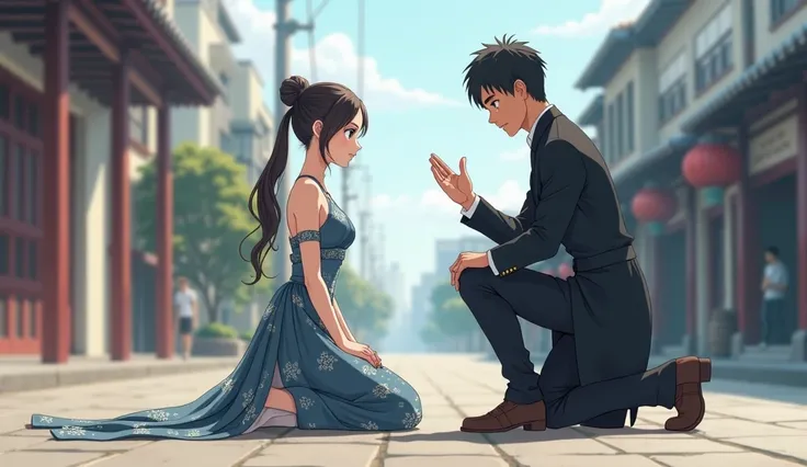 a woman kneeling in front of a man ,  dress politely  , on the street ,  anime style 