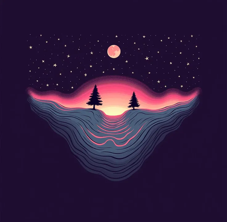 A landscape at dusk or dawn, featuring a hilltop with two dark silhouette pine trees. The sky is a gradient of deep red and purplish-pink, scattered with numerous small, bright white stars. A pale, pinkish-orange moon is visible near the upper right edge o...