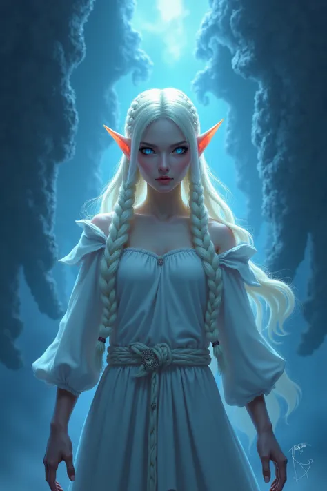 world of warcraft alleria windrunner in the void, wearing white, deep blue eyes, Masterpiece, High Resolution, platinum blonde, long thick braided hair 