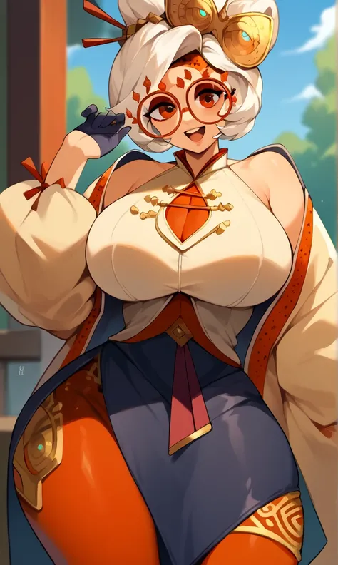 score_9, score_8_up, score_7_up, score_6_up, score_5_up, score_4_up, (source_anime), purah,
1girl,  huge breasts, narrow waist, thick thighs,  hair ornament, red headband, red glasses, sleeveless shirt, white coat, black skirt, red leggings, gloves, high h...