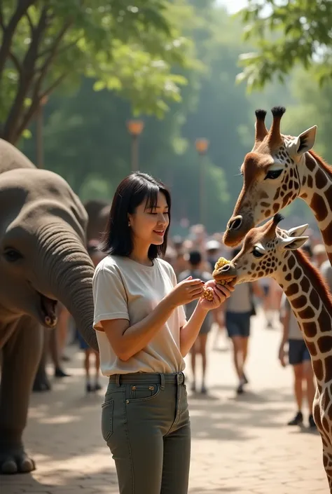 Create a realistic cover picture of a 40 year old asian woman feeding animals at the zoo