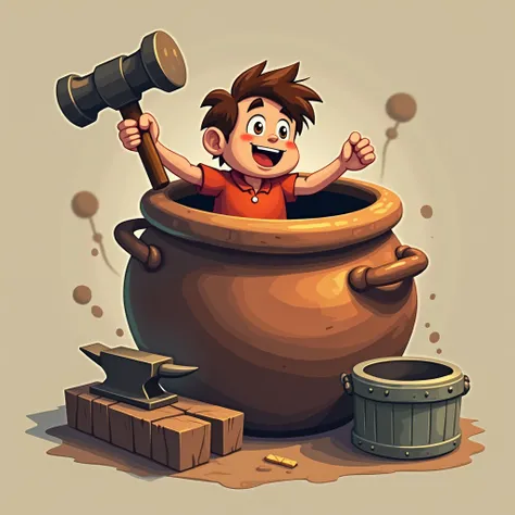 create a image for a logo 
the content is like compliting a game where a charcter is inside a pot and have to climb some parts and wins (the game is getting over it) 
i want the image to be like the character is like getting over it character with hammer i...