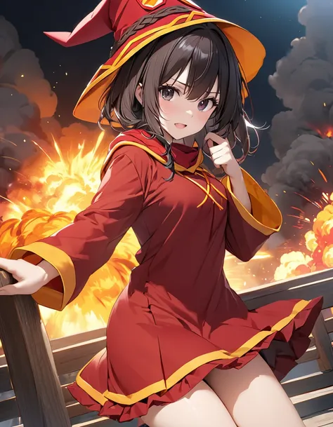 ( Japanese anime style ),  cute, (Megumin:1.5),  Cowboy Shot , Explosion Magic, Black eye patch, masterpiece:1.5, masterpiece, highest quality, UHD, retina, masterpiece, accurate anatomy, super detailed, high quality, best quality, 8k