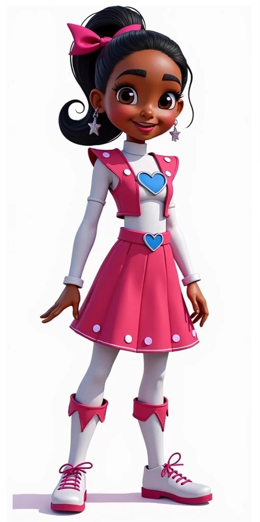 Rosita, pj masks OCs, Afro-American skin, ponytail hair, red Headbow, white suit with blue heart symbol and red Silver Flying Shoulder Vest  white sleeves, magenta belt with pink skirt with pink star spots, white shoes with pink laces,