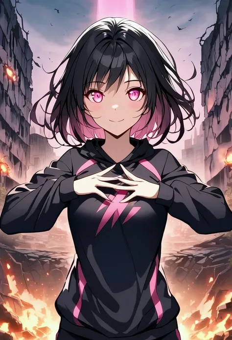 masterpiece,  Top Quality, high school boy,  black hair ,  pink eyes ,  good-natured , Apocalypse, Ruins Background, Smiling , Wearing a long-sleeved activewear