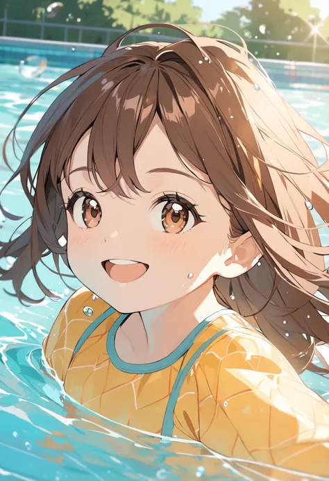 Brown-haired and smiling girl swimming in the pool