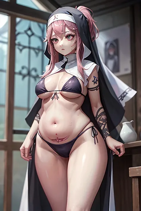 The location is a chapel 、 Extremely thin girl 、 plump breasts 、Very dark brown skin 、 and only wears a nuns hat on the head、Long pink hair has a ponytail 、 orange bikini swimsuit 、 pink tattoo on stomach、