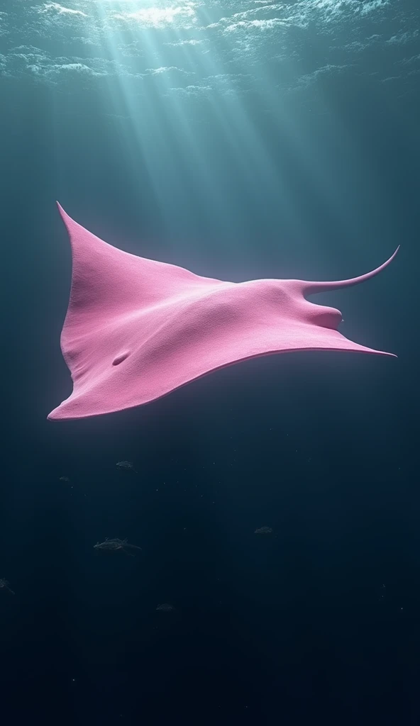 A realistic image of a large pink stingray swimming in the deep sea.