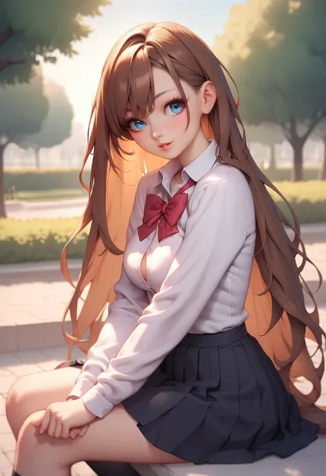 score_9, score_8_up, score_7_up, source_anime, 1girl, blue eyes, brown hair, white button shirt, black skirt, school uniform, posing, very long hair, looking at viewers, park, 